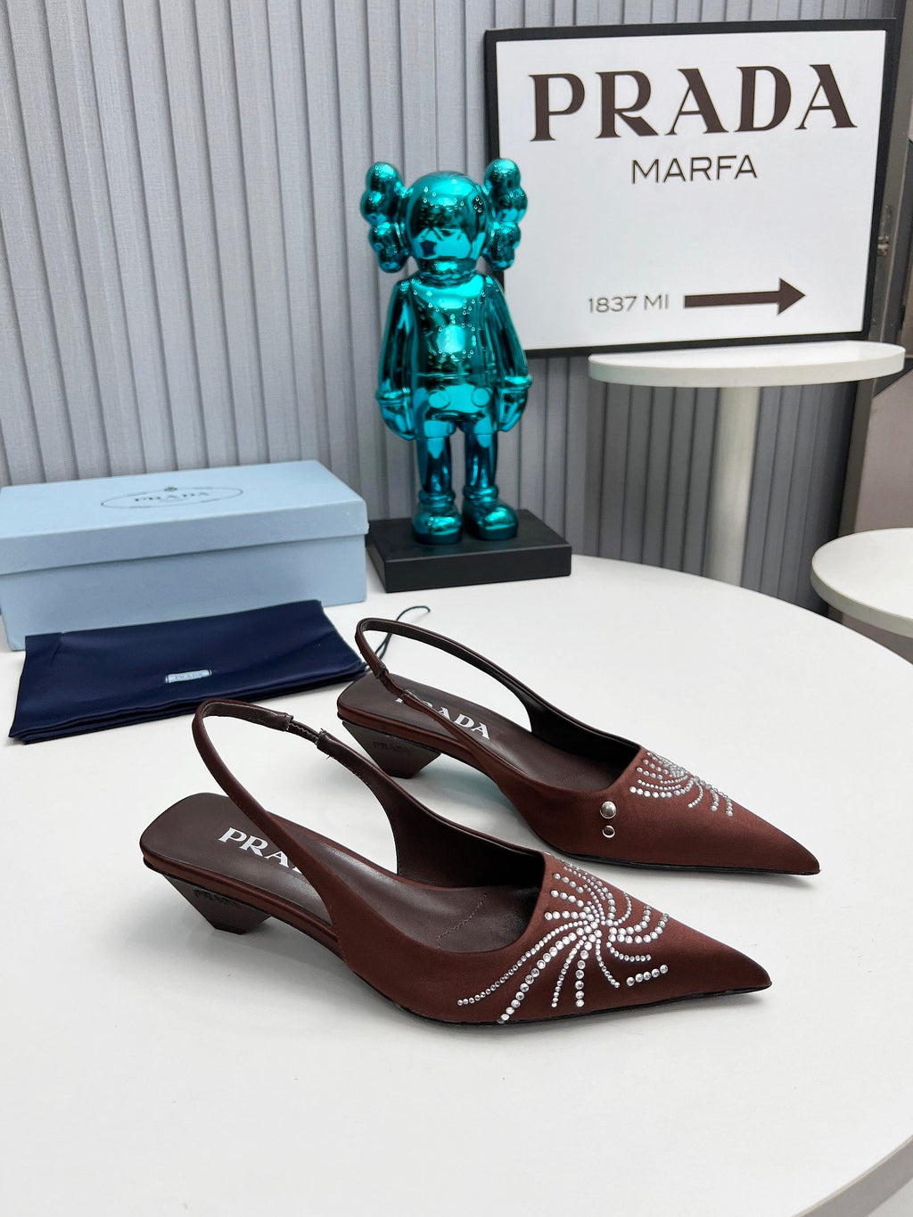 PRADA 26S POINTED TOE SLINGBACK 40MM IN DARK BROWN SATIN CRYSTAL EMBELLISHED