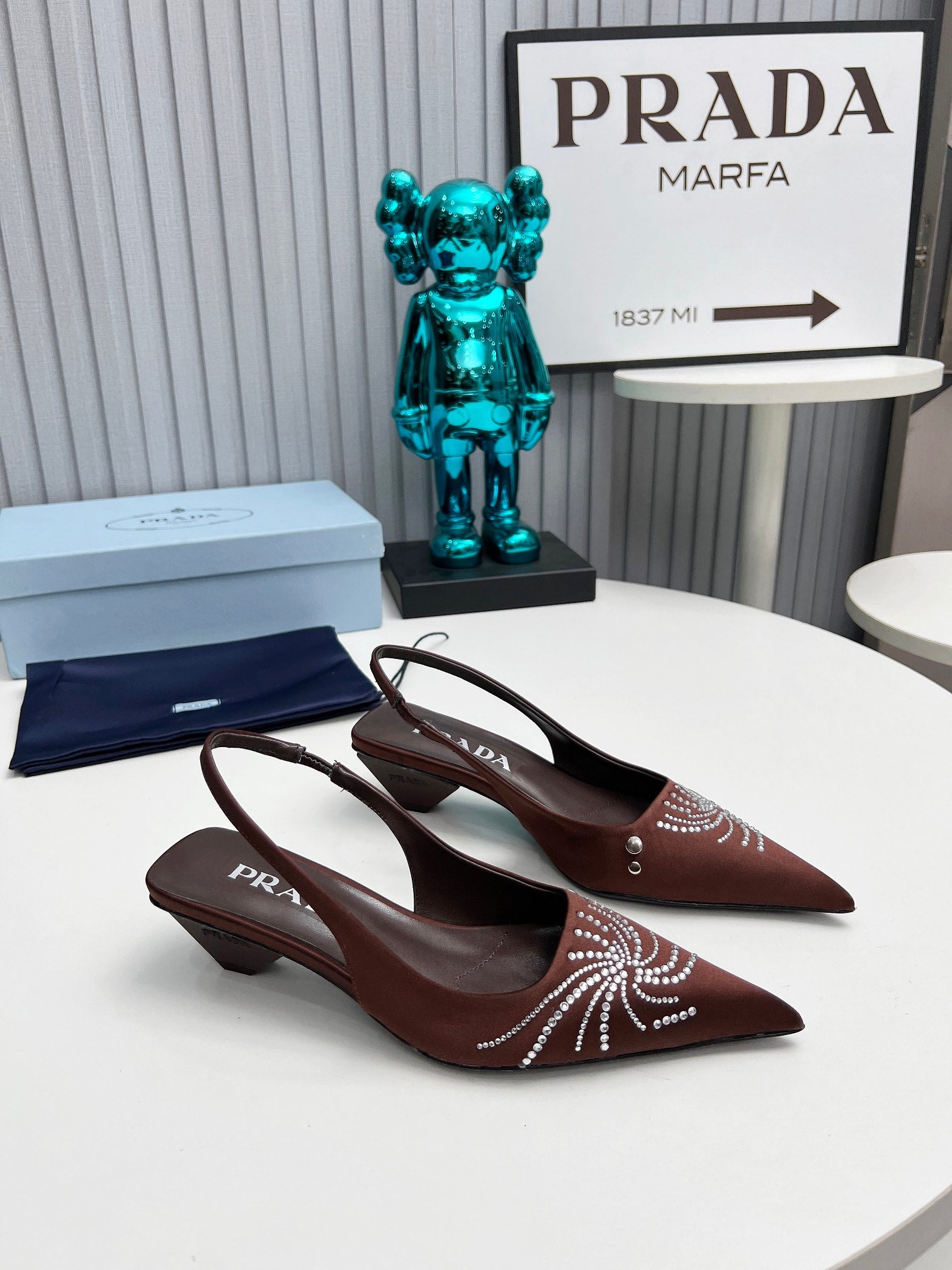 PRADA 26S POINTED TOE SLINGBACK 40MM IN DARK BROWN SATIN CRYSTAL EMBELLISHED