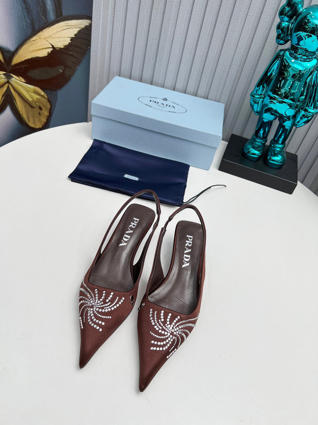 PRADA 26S POINTED TOE SLINGBACK 40MM IN DARK BROWN SATIN CRYSTAL EMBELLISHED