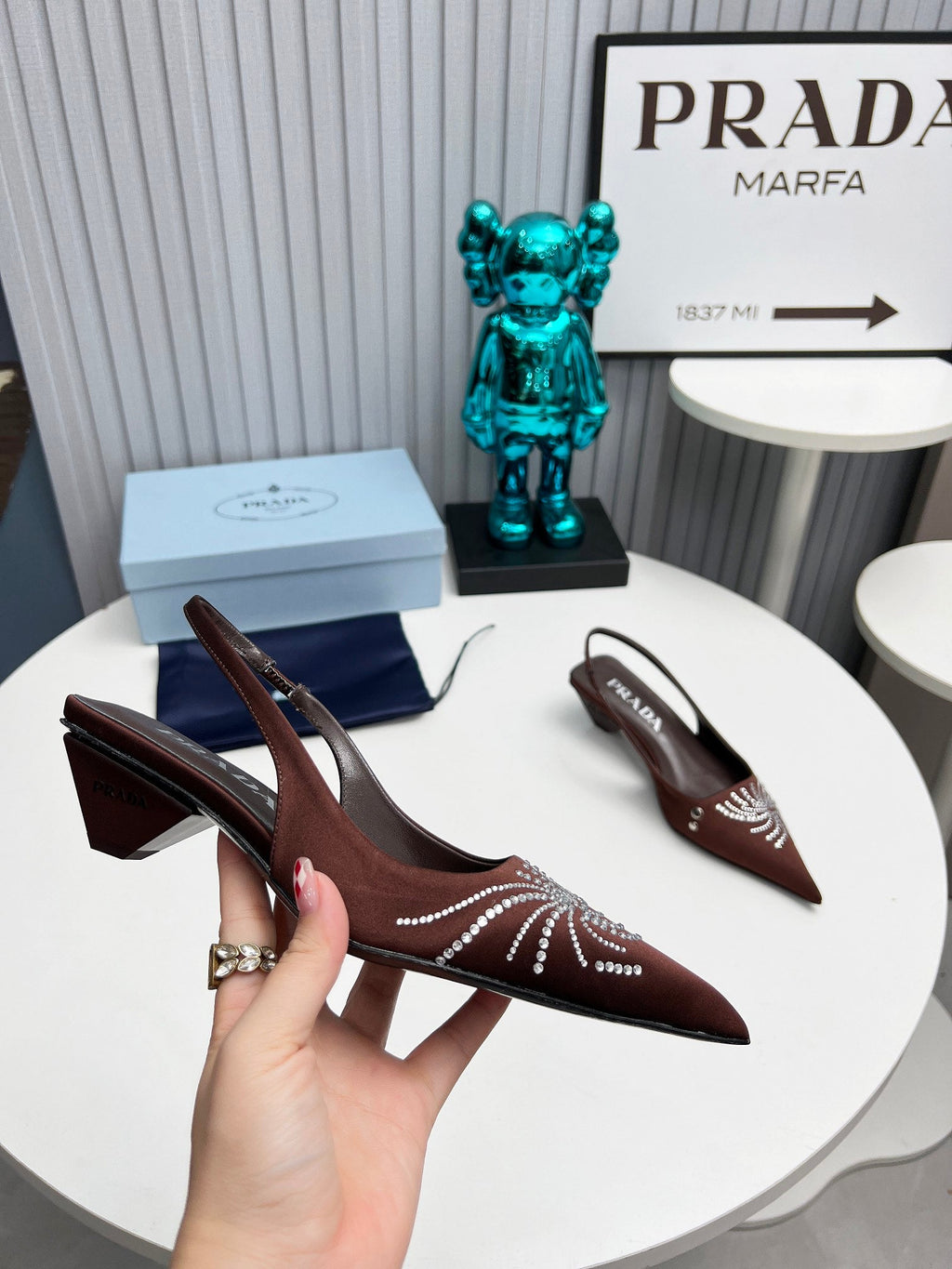 PRADA 26S POINTED TOE SLINGBACK 40MM IN DARK BROWN SATIN CRYSTAL EMBELLISHED