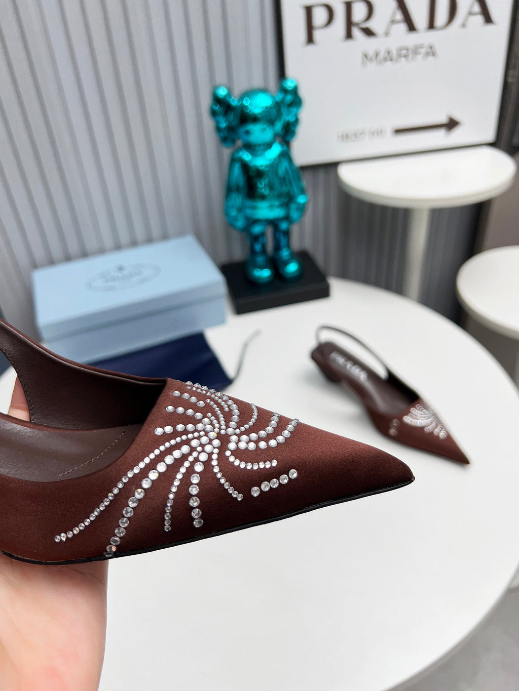 PRADA 26S POINTED TOE SLINGBACK 40MM IN DARK BROWN SATIN CRYSTAL EMBELLISHED