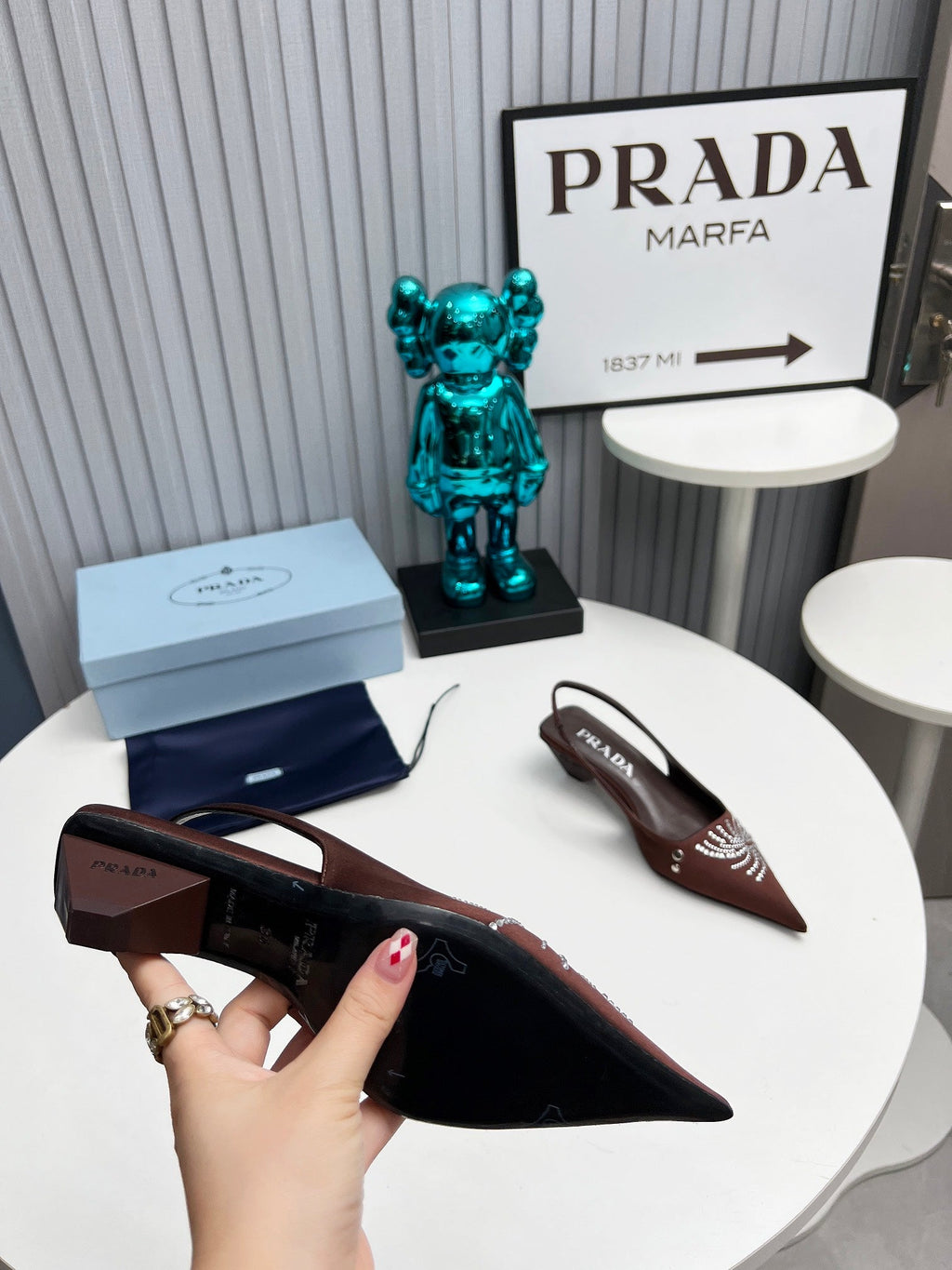PRADA 26S POINTED TOE SLINGBACK 40MM IN DARK BROWN SATIN CRYSTAL EMBELLISHED