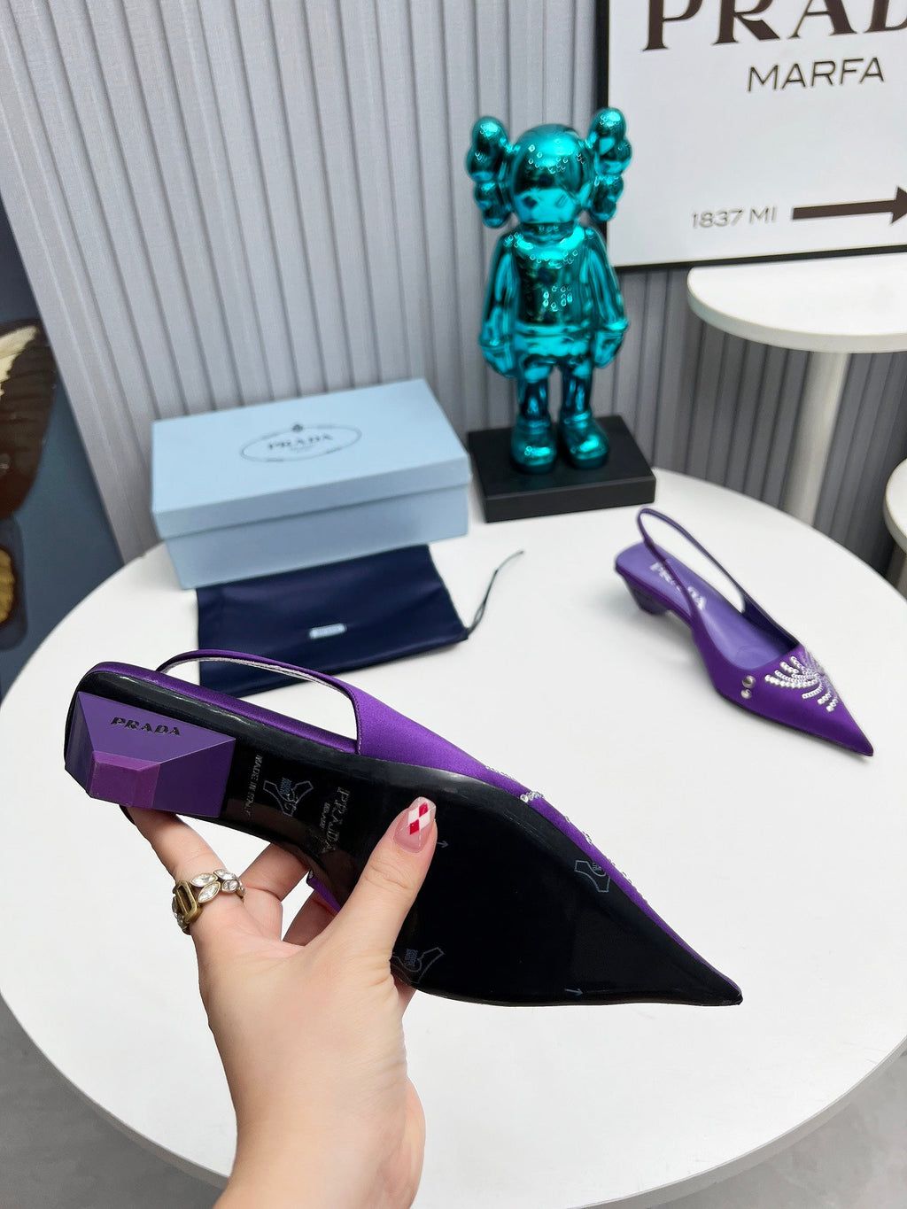 PRADA 26S POINTED TOE SLINGBACK 40MM IN PURPLE SATIN CRYSTAL EMBELLISHED