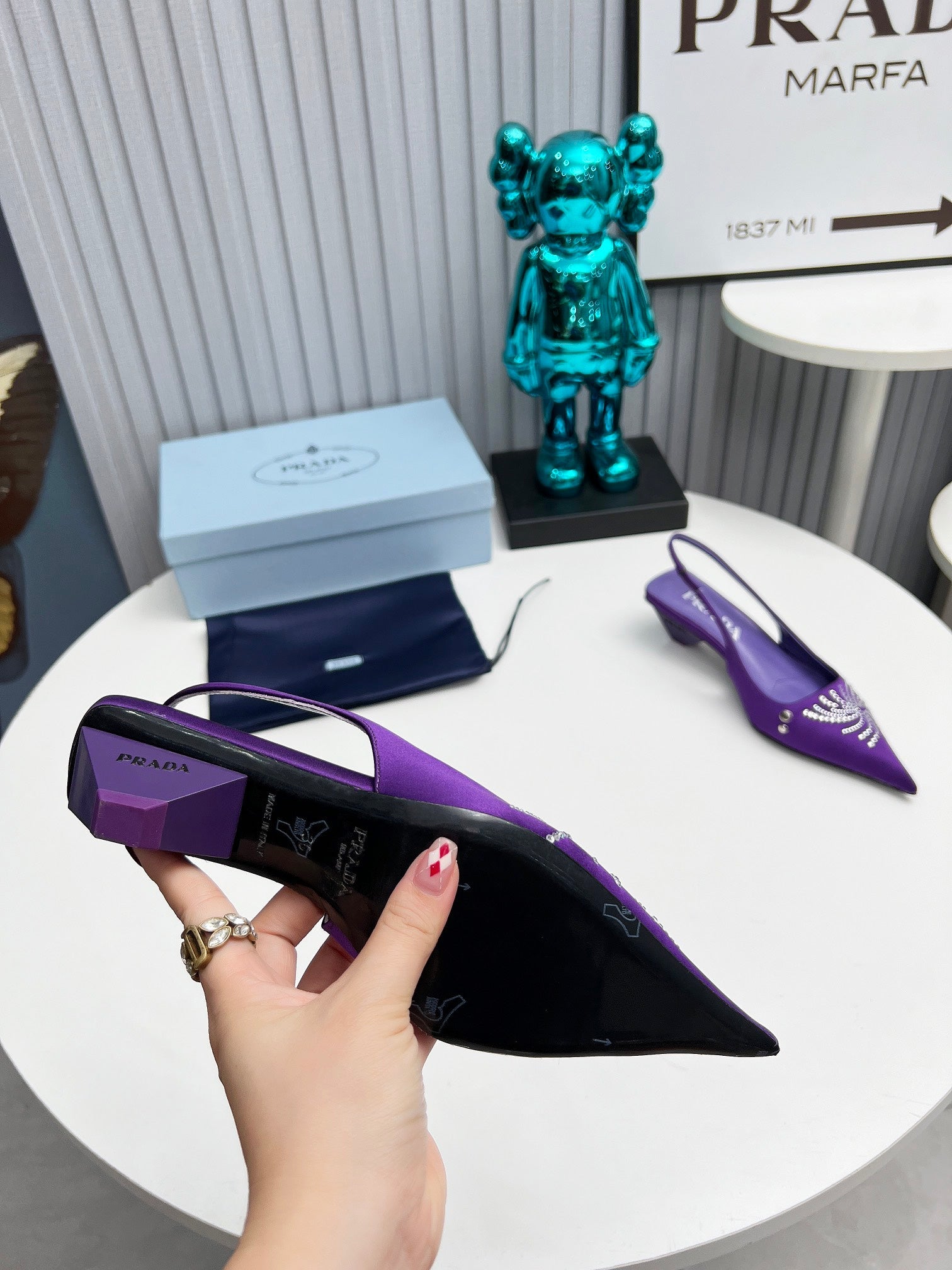 PRADA 26S POINTED TOE SLINGBACK 40MM IN PURPLE SATIN CRYSTAL EMBELLISHED