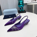 PRADA 26S POINTED TOE SLINGBACK 40MM IN PURPLE SATIN CRYSTAL EMBELLISHED