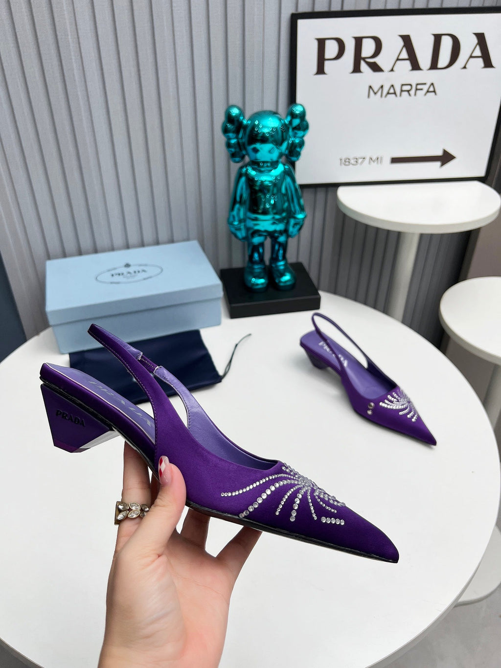 PRADA 26S POINTED TOE SLINGBACK 40MM IN PURPLE SATIN CRYSTAL EMBELLISHED
