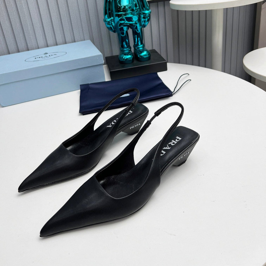 PRADA 26S POINTED TOE SLINGBACK 40MM IN BLACK CALFSKIN