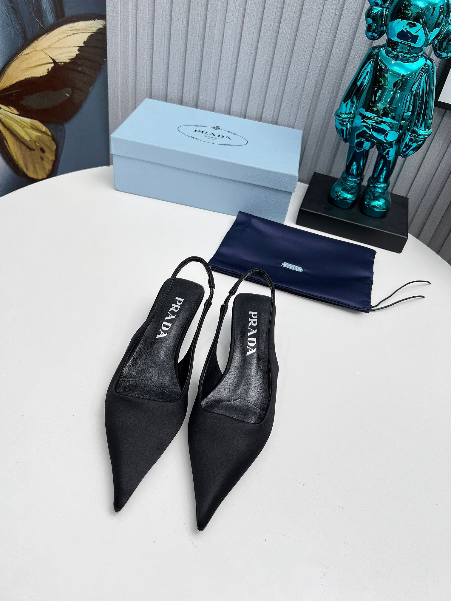 PRADA 26S POINTED TOE SLINGBACK 40MM IN BLACK SATIN