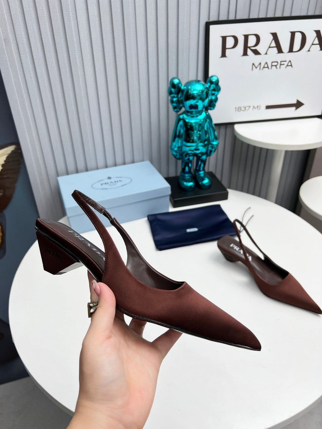 PRADA 26S POINTED TOE SLINGBACK 40MM IN DARK BROWN SATIN