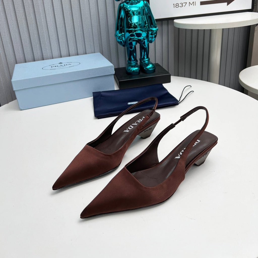 PRADA 26S POINTED TOE SLINGBACK 40MM IN DARK BROWN SATIN