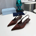PRADA 26S POINTED TOE SLINGBACK 40MM IN DARK BROWN SATIN