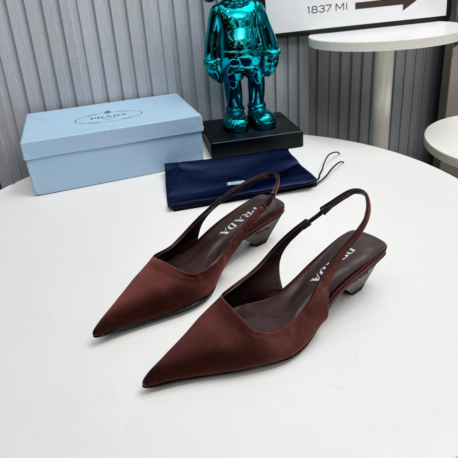 PRADA 26S POINTED TOE SLINGBACK 40MM IN DARK BROWN SATIN