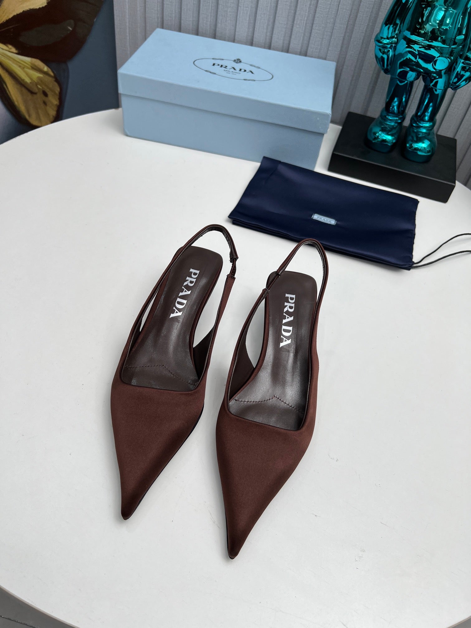 PRADA 26S POINTED TOE SLINGBACK 40MM IN DARK BROWN SATIN