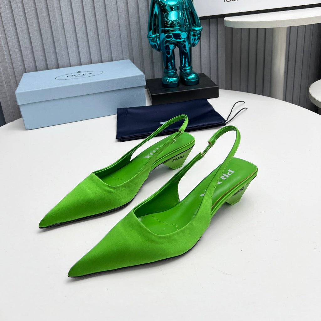 PRADA 26S POINTED TOE SLINGBACK 40MM IN APPLE GREEN SATIN