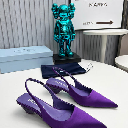 PRADA 26S POINTED TOE SLINGBACK 40MM IN PURPLE SATIN