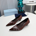 PRADA 26S POINTED TOE PUMPS 40MM IN DARK BROWN SATIN CRYSTAL EMBELLISHED