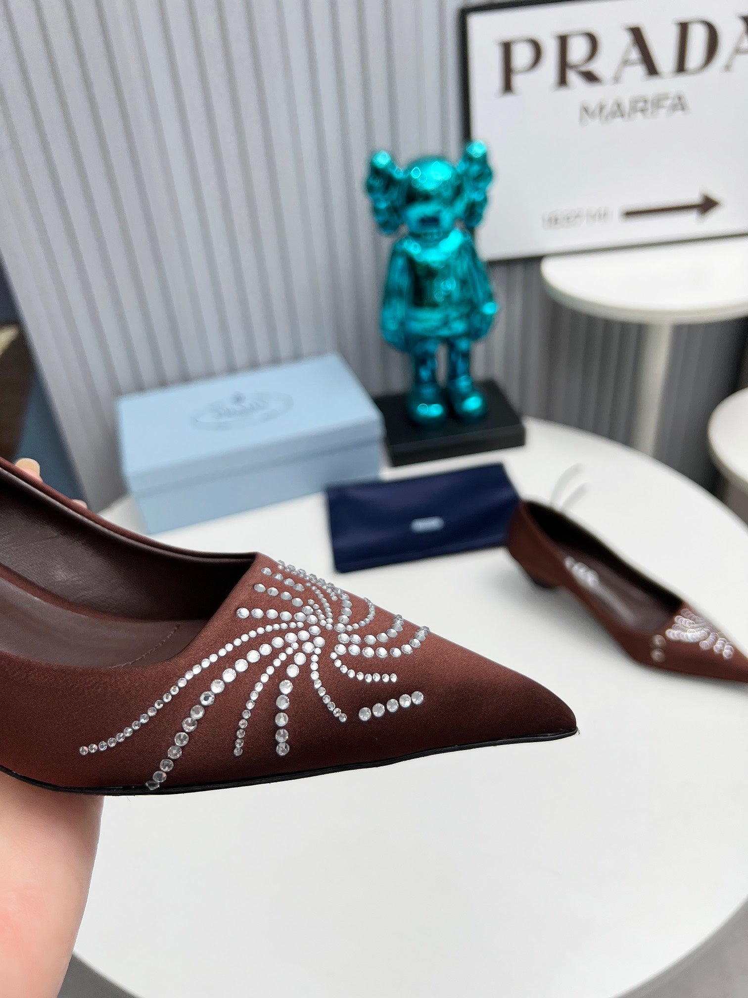PRADA 26S POINTED TOE PUMPS 40MM IN DARK BROWN SATIN CRYSTAL EMBELLISHED