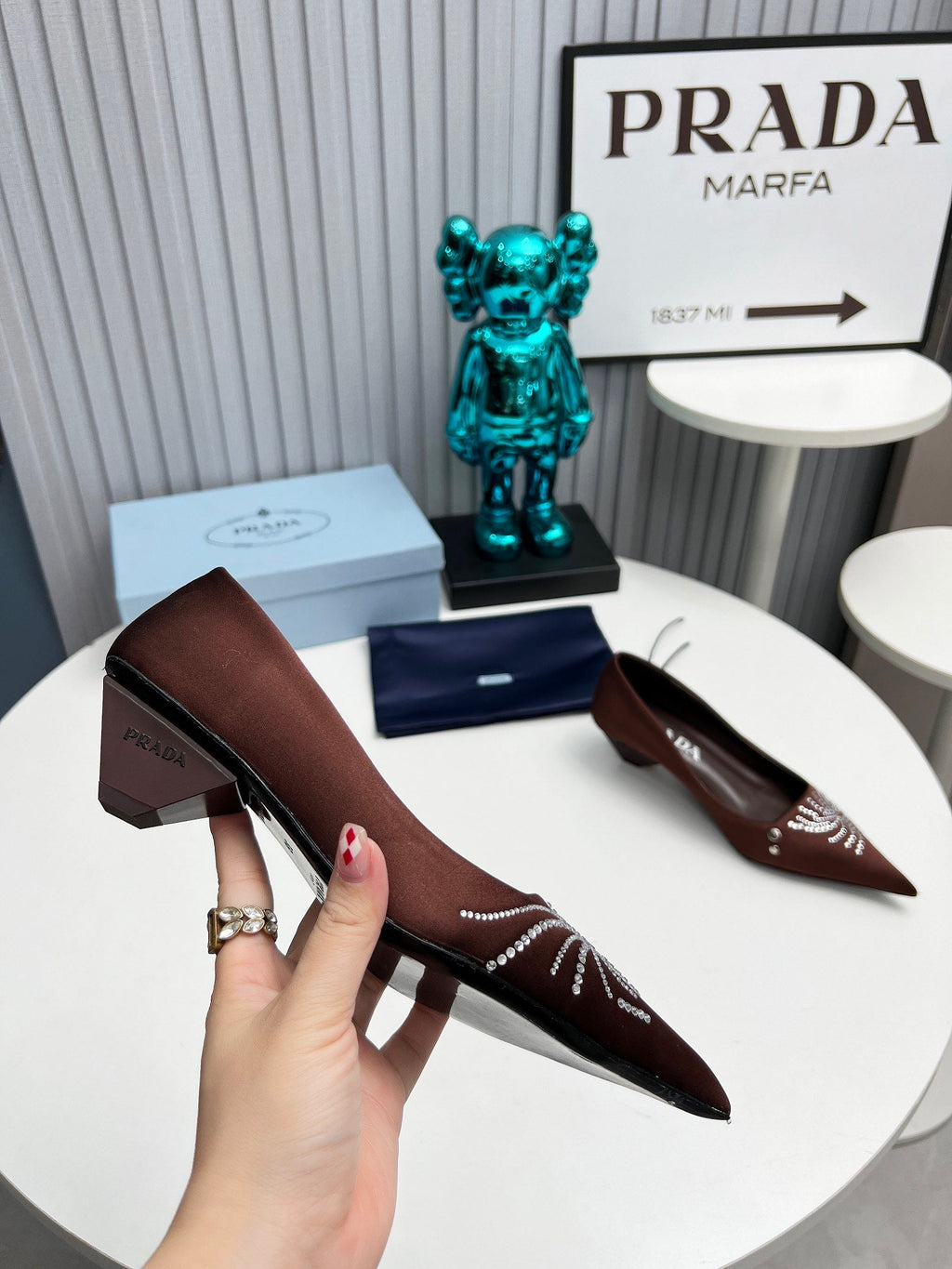 PRADA 26S POINTED TOE PUMPS 40MM IN DARK BROWN SATIN CRYSTAL EMBELLISHED