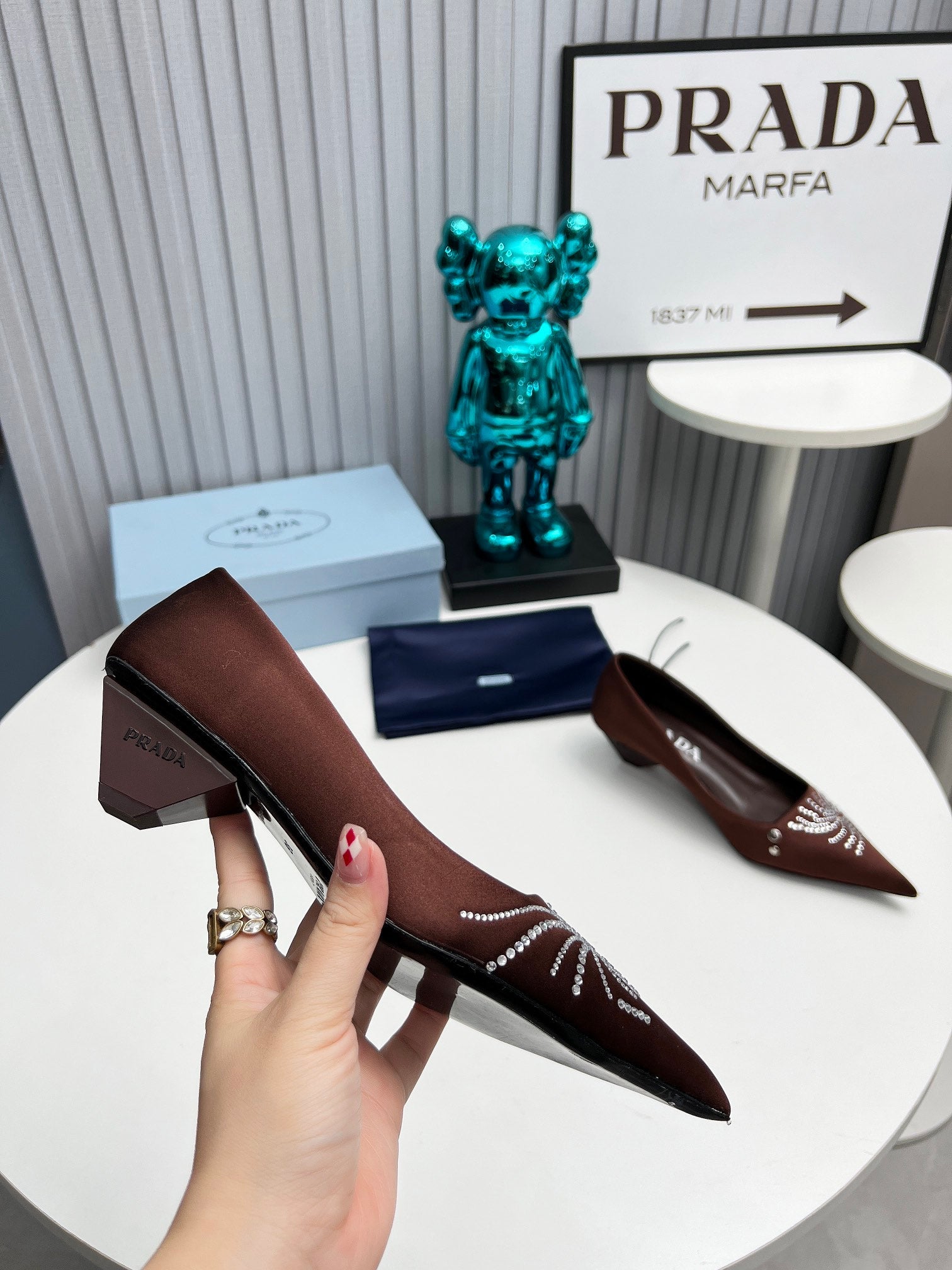 PRADA 26S POINTED TOE PUMPS 40MM IN DARK BROWN SATIN CRYSTAL EMBELLISHED