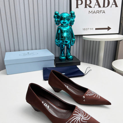 PRADA 26S POINTED TOE PUMPS 40MM IN DARK BROWN SATIN CRYSTAL EMBELLISHED