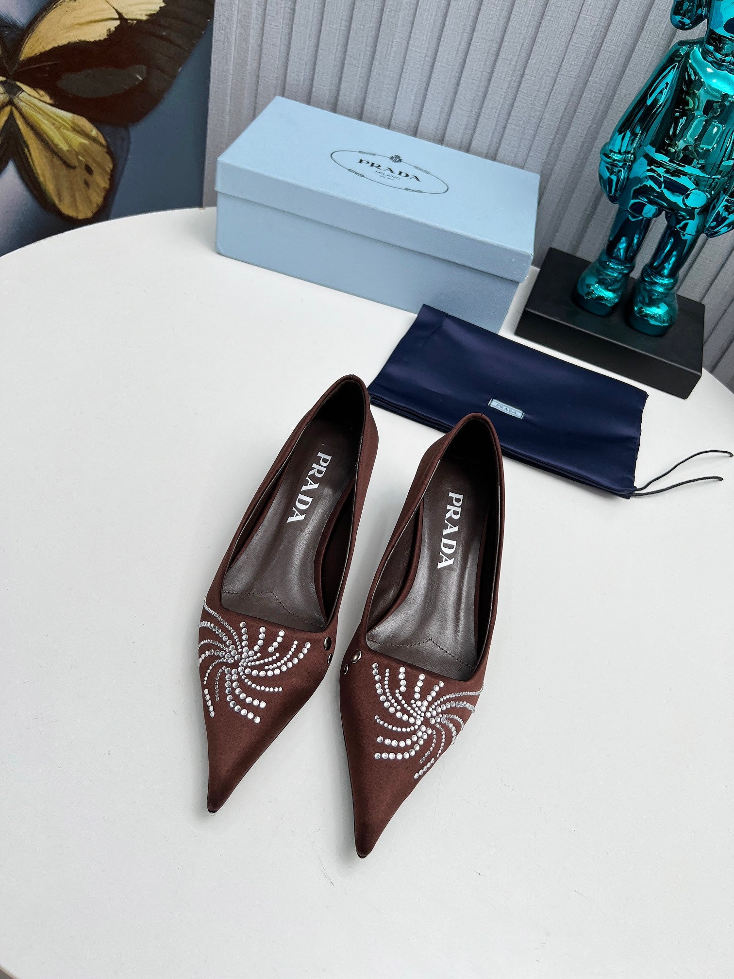 PRADA 26S POINTED TOE PUMPS 40MM IN DARK BROWN SATIN CRYSTAL EMBELLISHED