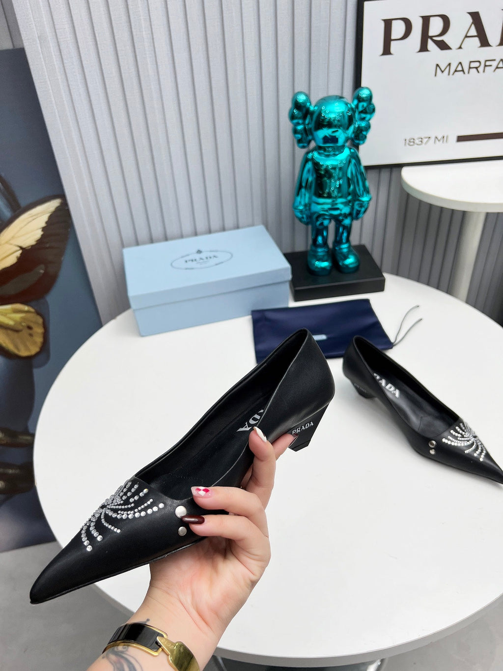 PRADA 26S POINTED TOE PUMPS 40MM IN BLACK CALFSKIN CRYSTAL EMBELLISHED