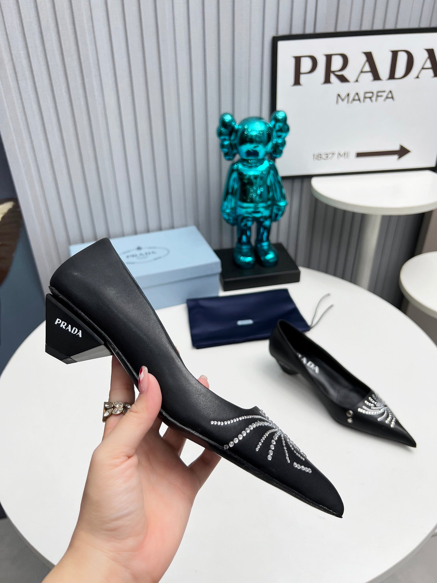 PRADA 26S POINTED TOE PUMPS 40MM IN BLACK CALFSKIN CRYSTAL EMBELLISHED