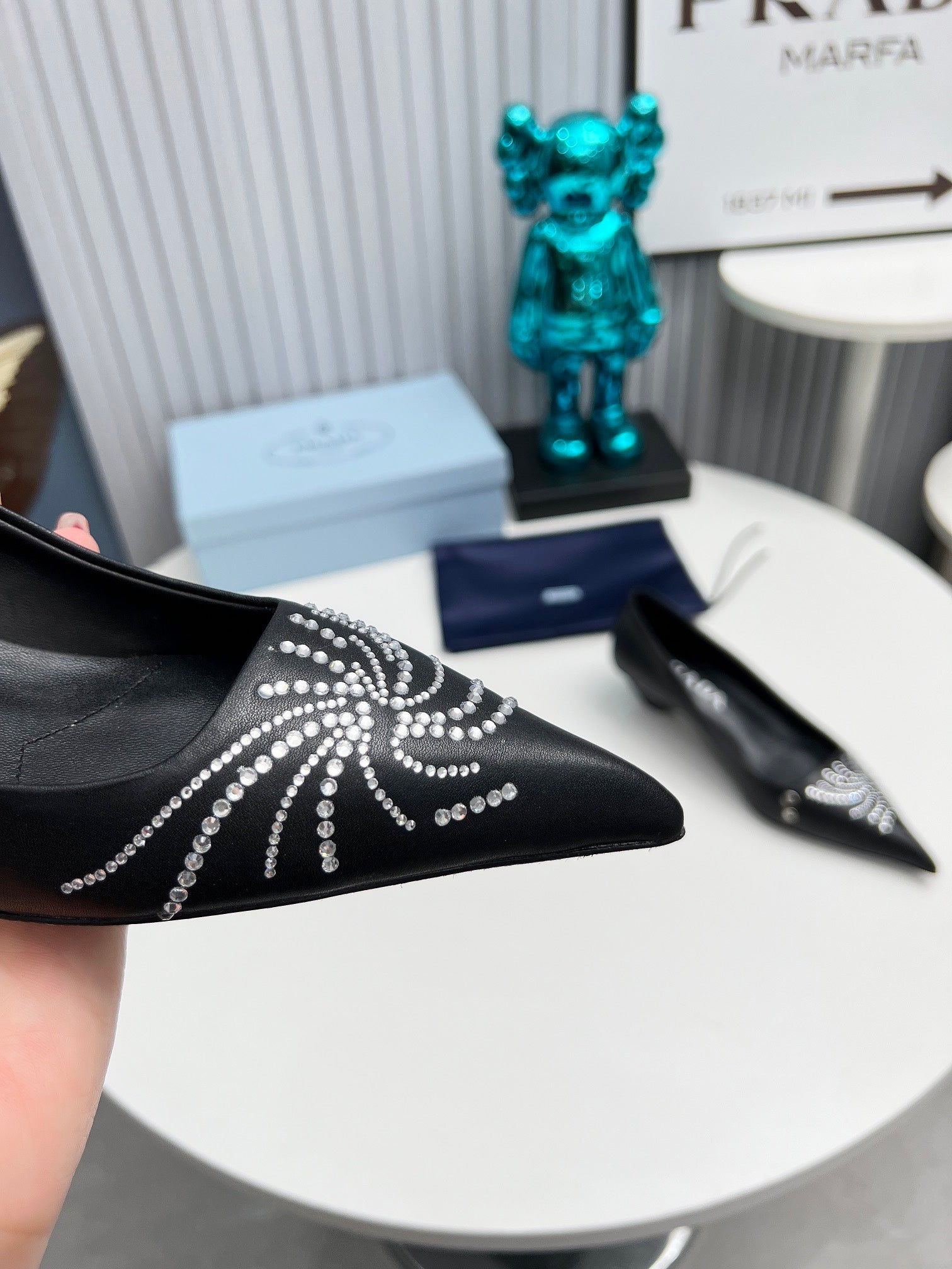 PRADA 26S POINTED TOE PUMPS 40MM IN BLACK CALFSKIN CRYSTAL EMBELLISHED