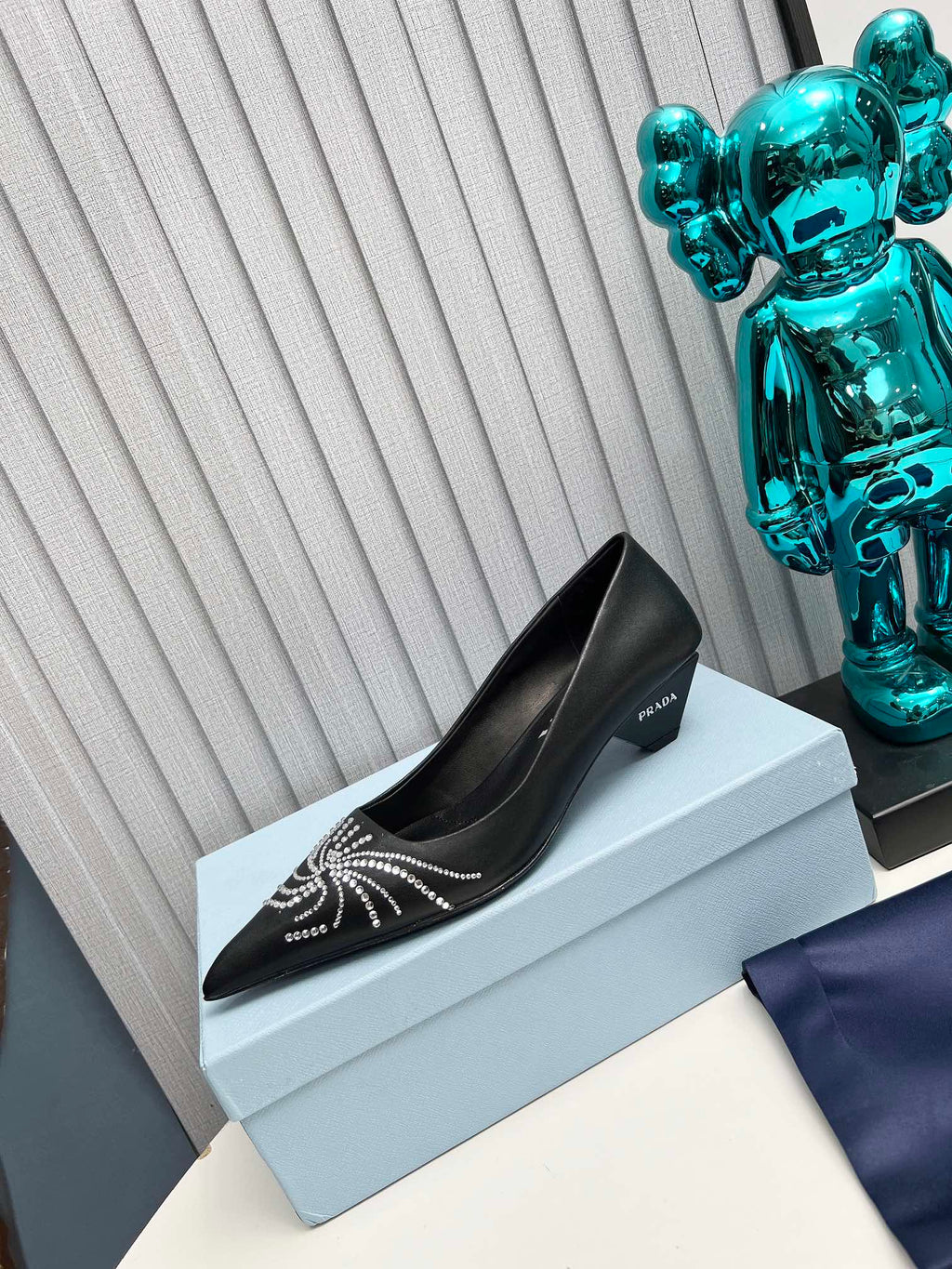 PRADA 26S POINTED TOE PUMPS 40MM IN BLACK CALFSKIN CRYSTAL EMBELLISHED