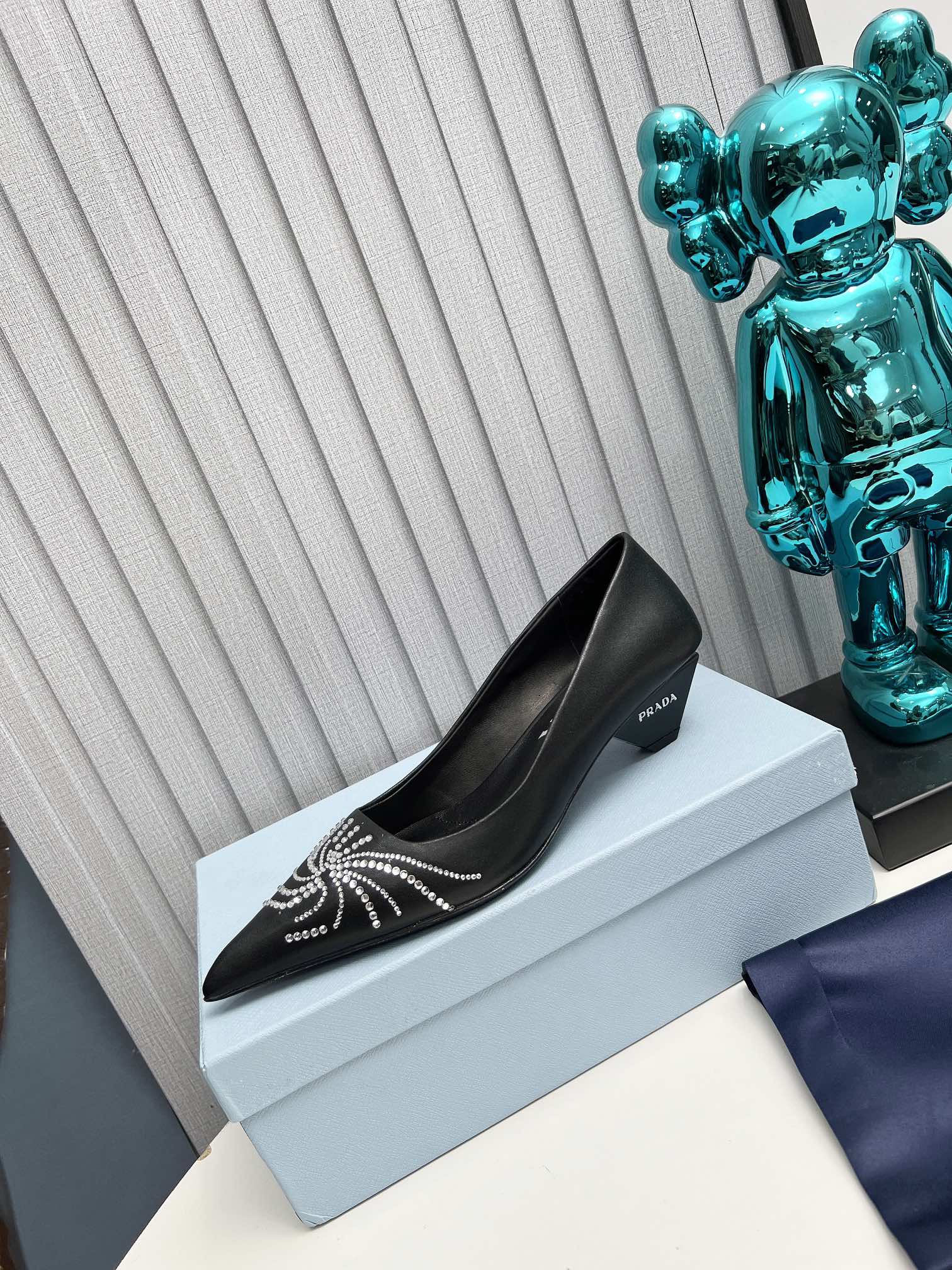 PRADA 26S POINTED TOE PUMPS 40MM IN BLACK CALFSKIN CRYSTAL EMBELLISHED