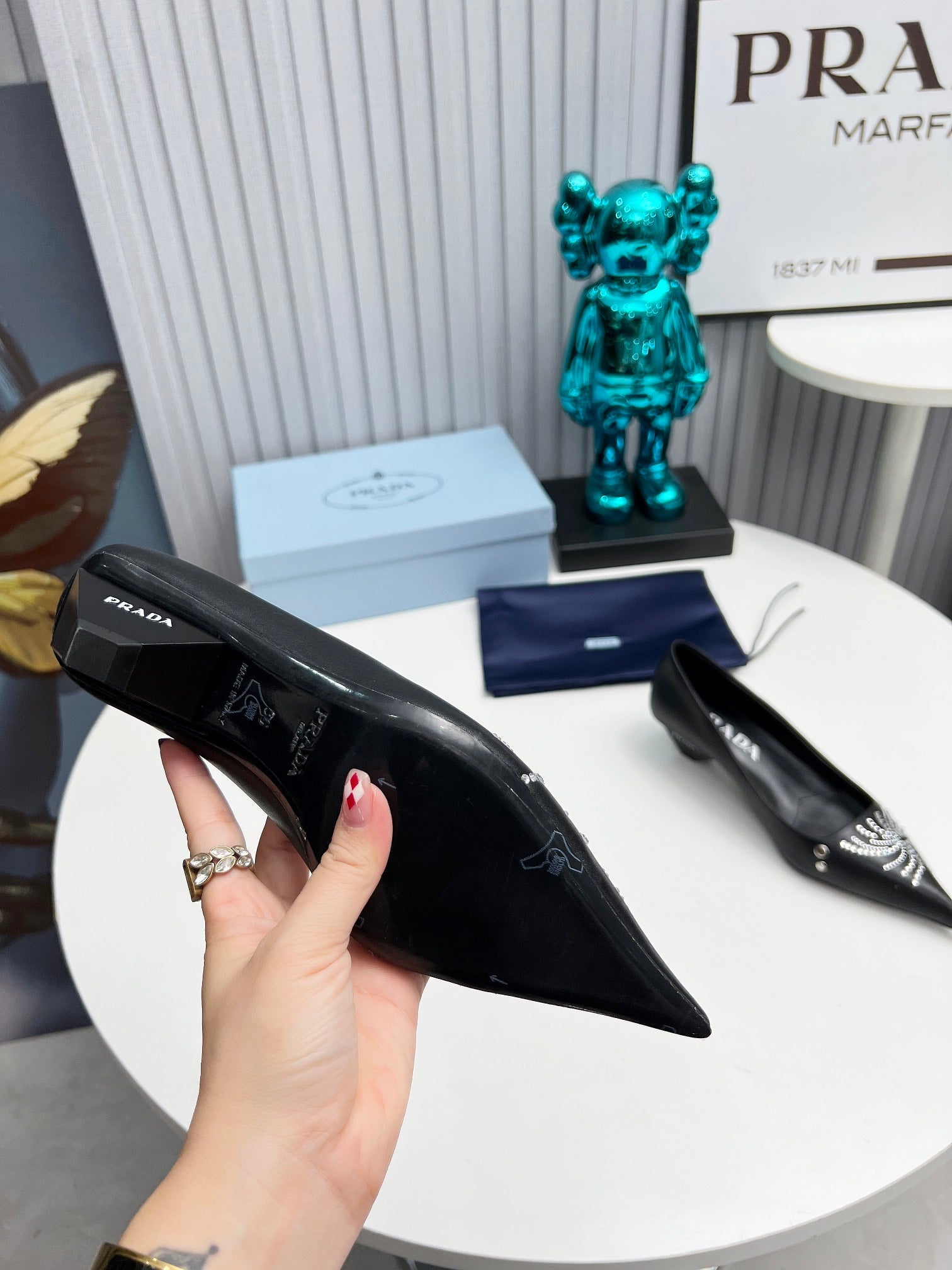 PRADA 26S POINTED TOE PUMPS 40MM IN BLACK CALFSKIN CRYSTAL EMBELLISHED