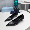 PRADA 26S POINTED TOE PUMPS 40MM IN BLACK CALFSKIN CRYSTAL EMBELLISHED