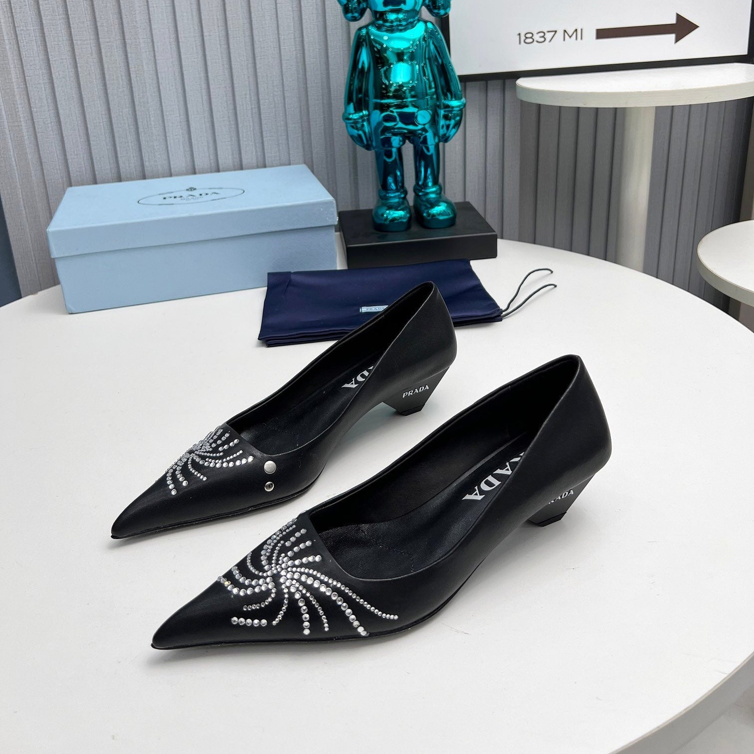 PRADA 26S POINTED TOE PUMPS 40MM IN BLACK CALFSKIN CRYSTAL EMBELLISHED