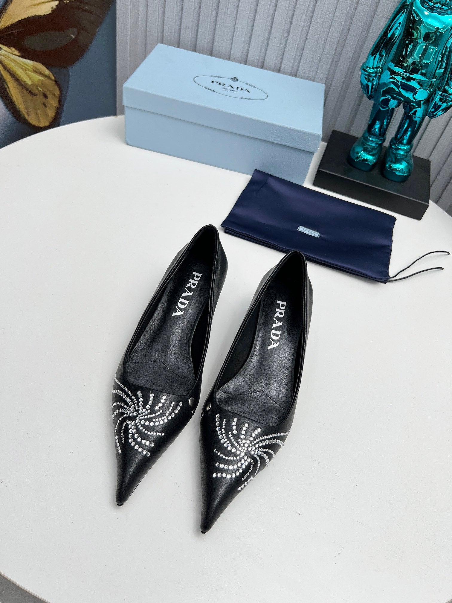 PRADA 26S POINTED TOE PUMPS 40MM IN BLACK CALFSKIN CRYSTAL EMBELLISHED