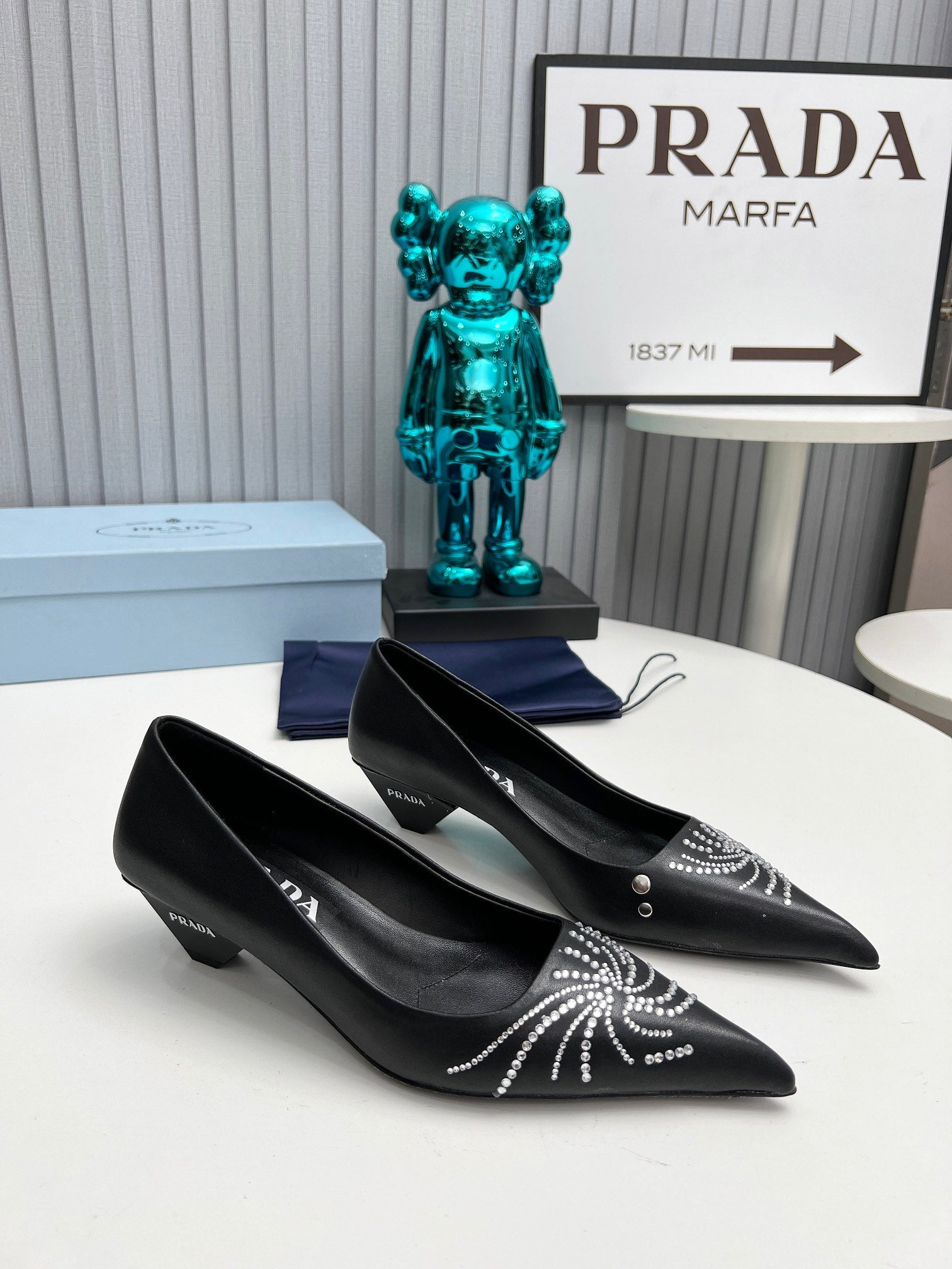 PRADA 26S POINTED TOE PUMPS 40MM IN BLACK CALFSKIN CRYSTAL EMBELLISHED