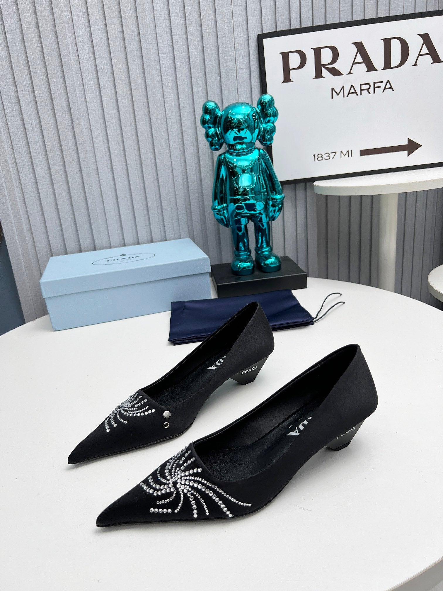PRADA 26S POINTED TOE PUMPS 40MM IN BLACK SATIN CRYSTAL EMBELLISHED