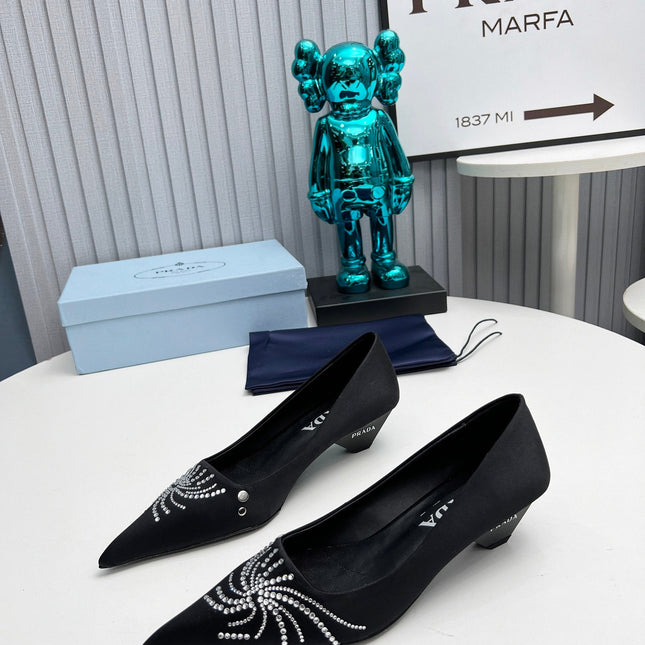 PRADA 26S POINTED TOE PUMPS 40MM IN BLACK SATIN CRYSTAL EMBELLISHED
