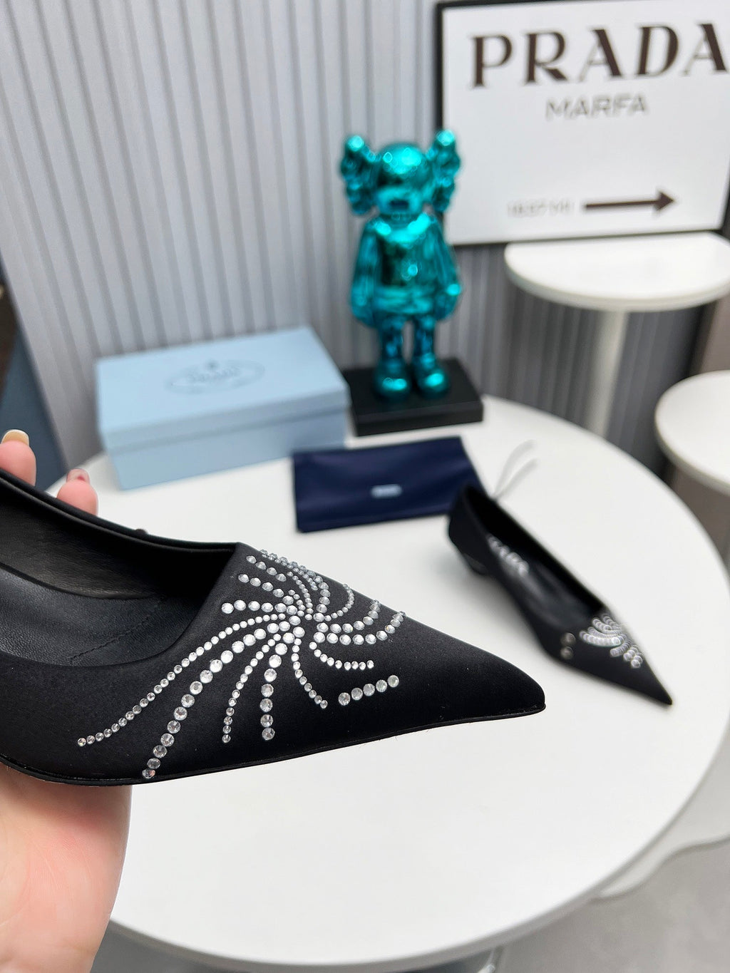 PRADA 26S POINTED TOE PUMPS 40MM IN BLACK SATIN CRYSTAL EMBELLISHED