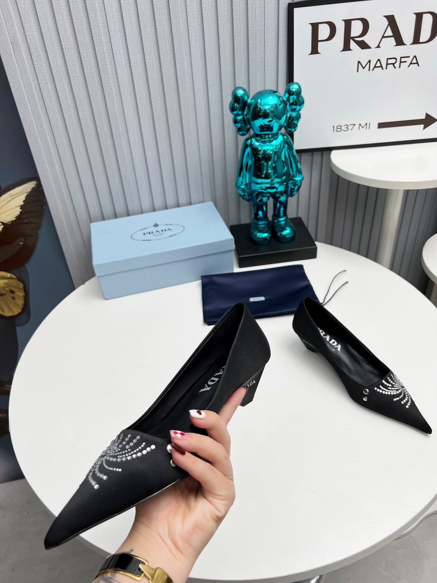 PRADA 26S POINTED TOE PUMPS 40MM IN BLACK SATIN CRYSTAL EMBELLISHED
