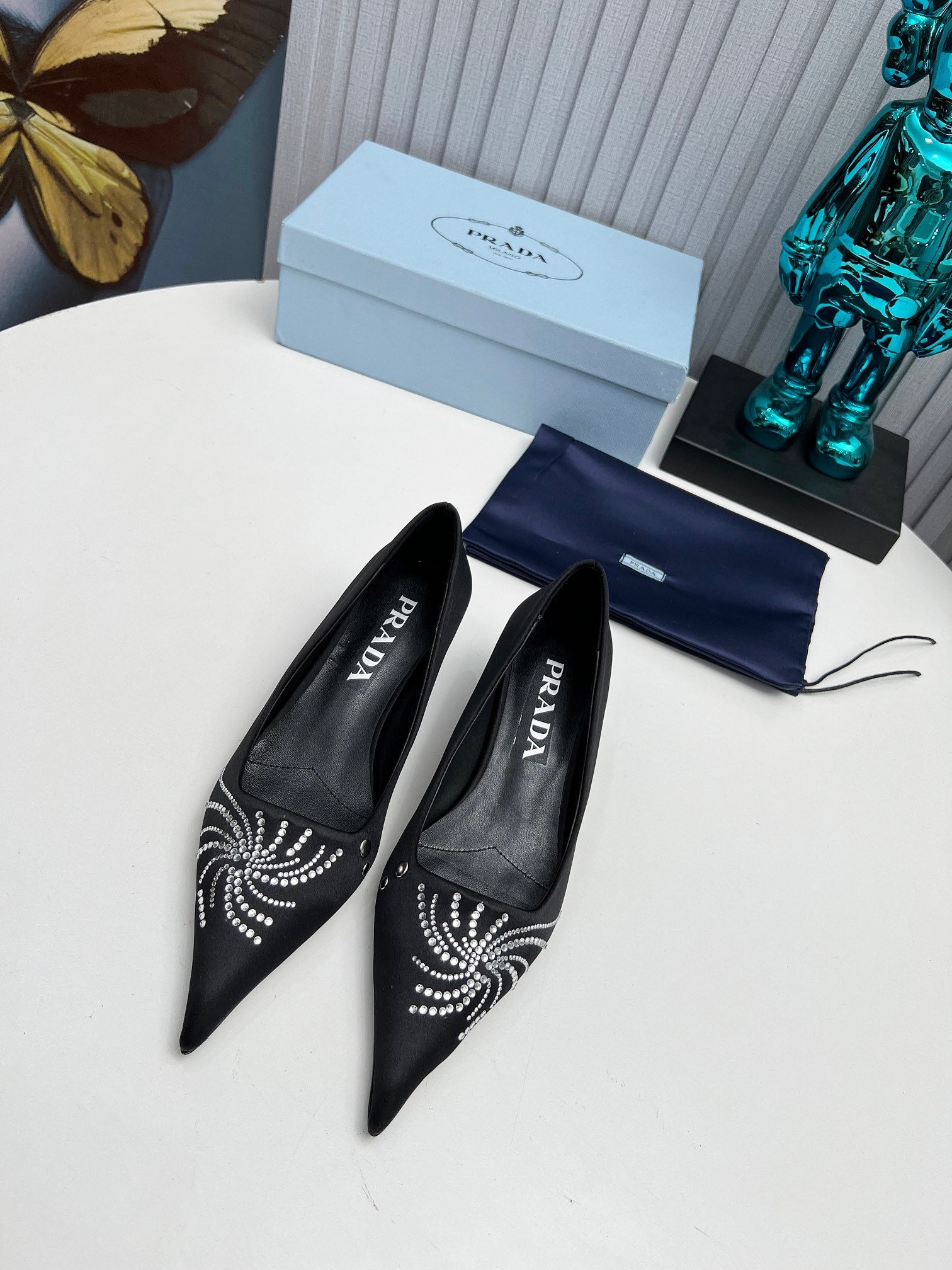 PRADA 26S POINTED TOE PUMPS 40MM IN BLACK SATIN CRYSTAL EMBELLISHED