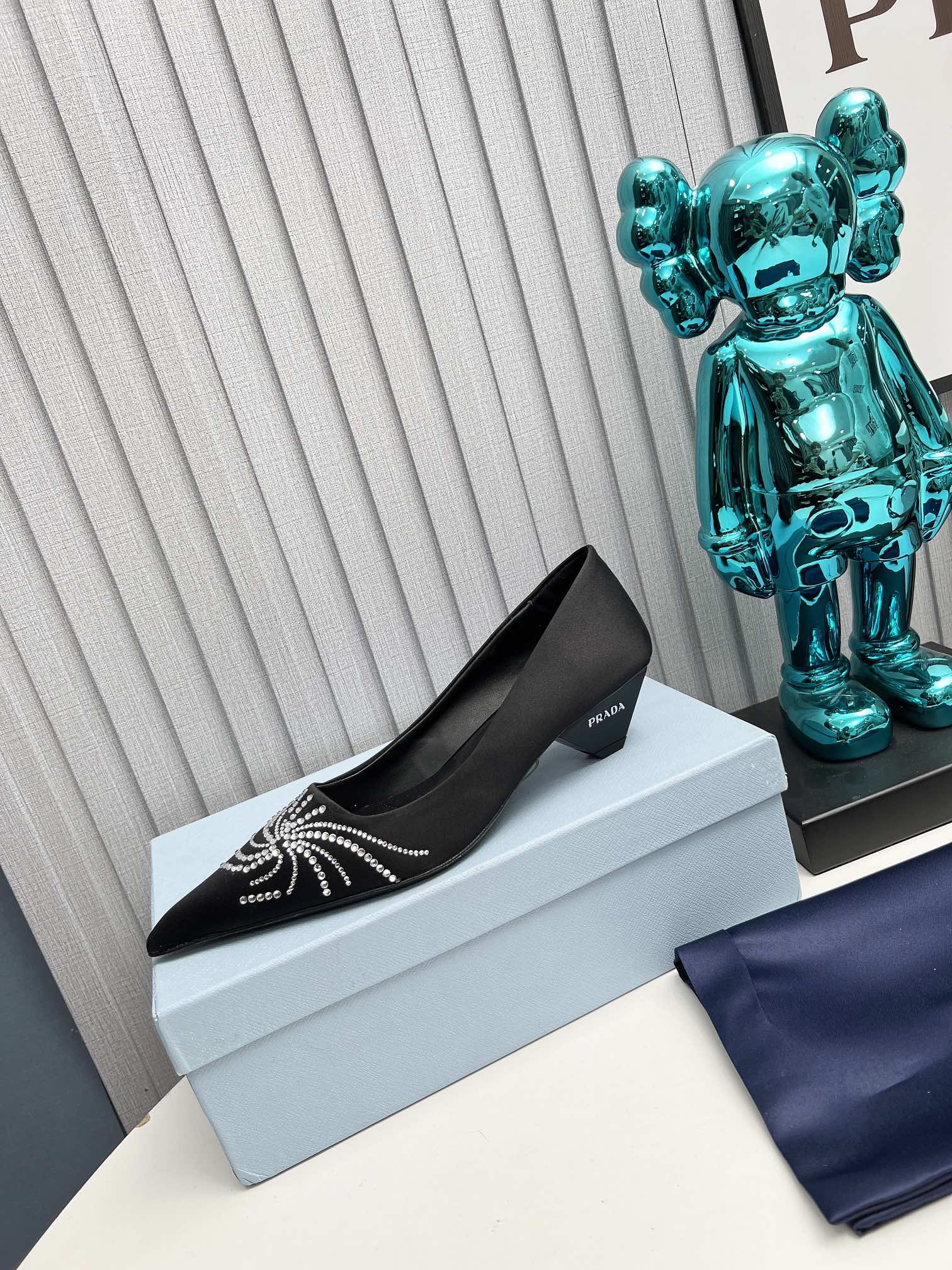 PRADA 26S POINTED TOE PUMPS 40MM IN BLACK SATIN CRYSTAL EMBELLISHED