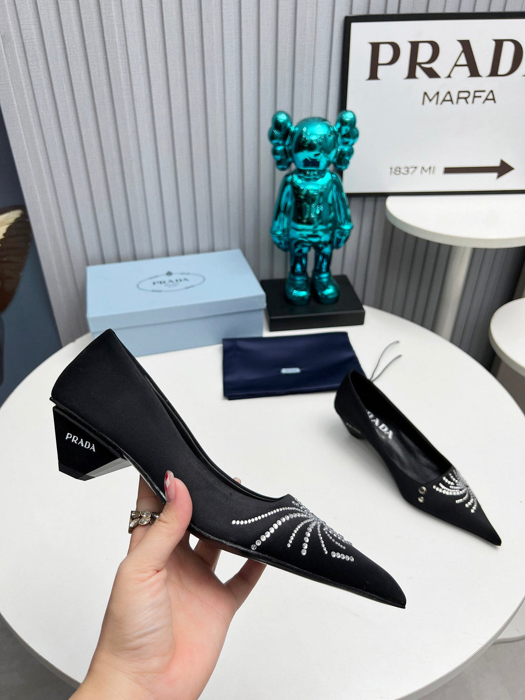 PRADA 26S POINTED TOE PUMPS 40MM IN BLACK SATIN CRYSTAL EMBELLISHED