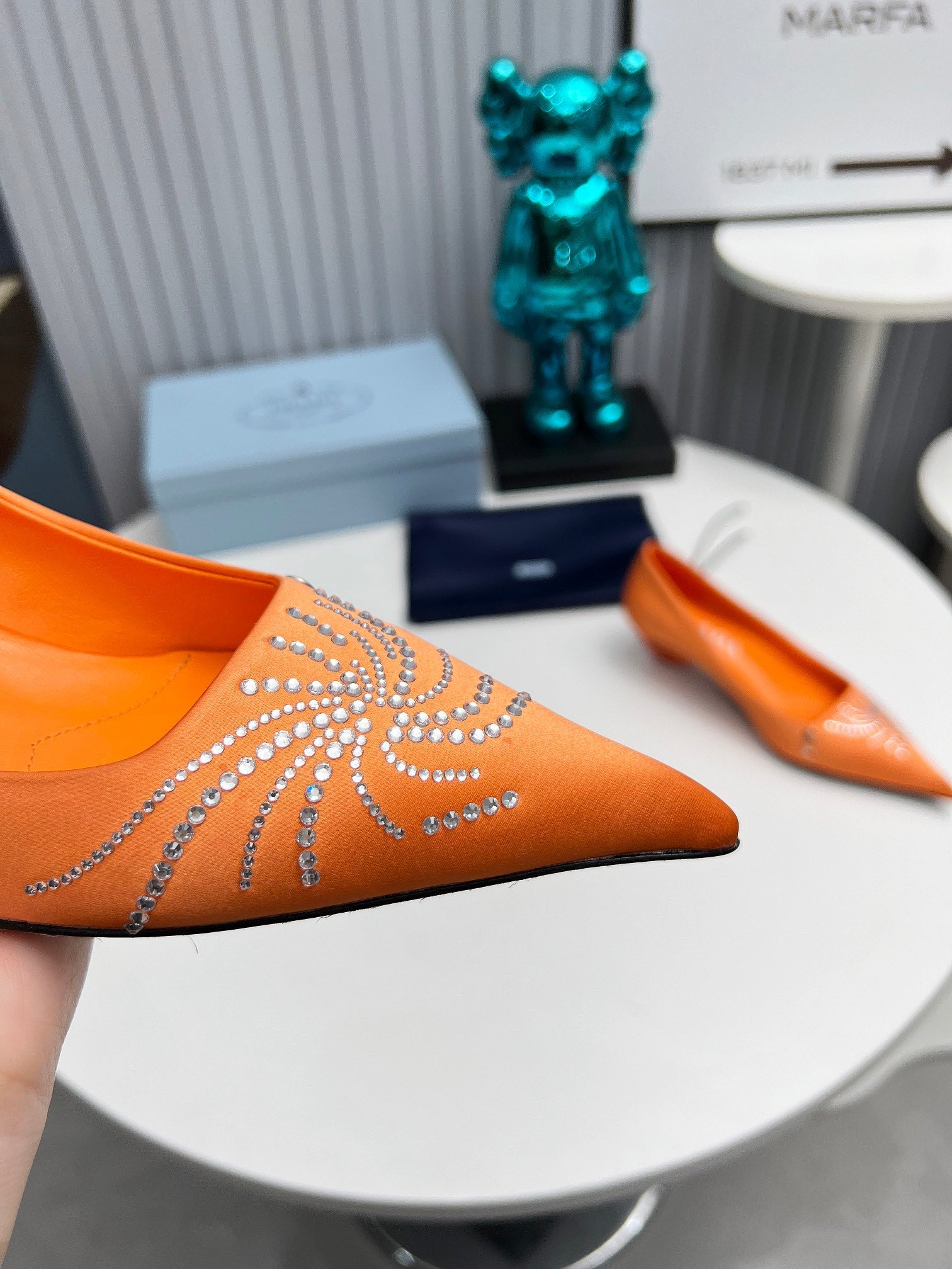 PRADA 26S POINTED TOE PUMPS 40MM IN ORANGE SATIN CRYSTAL EMBELLISHED