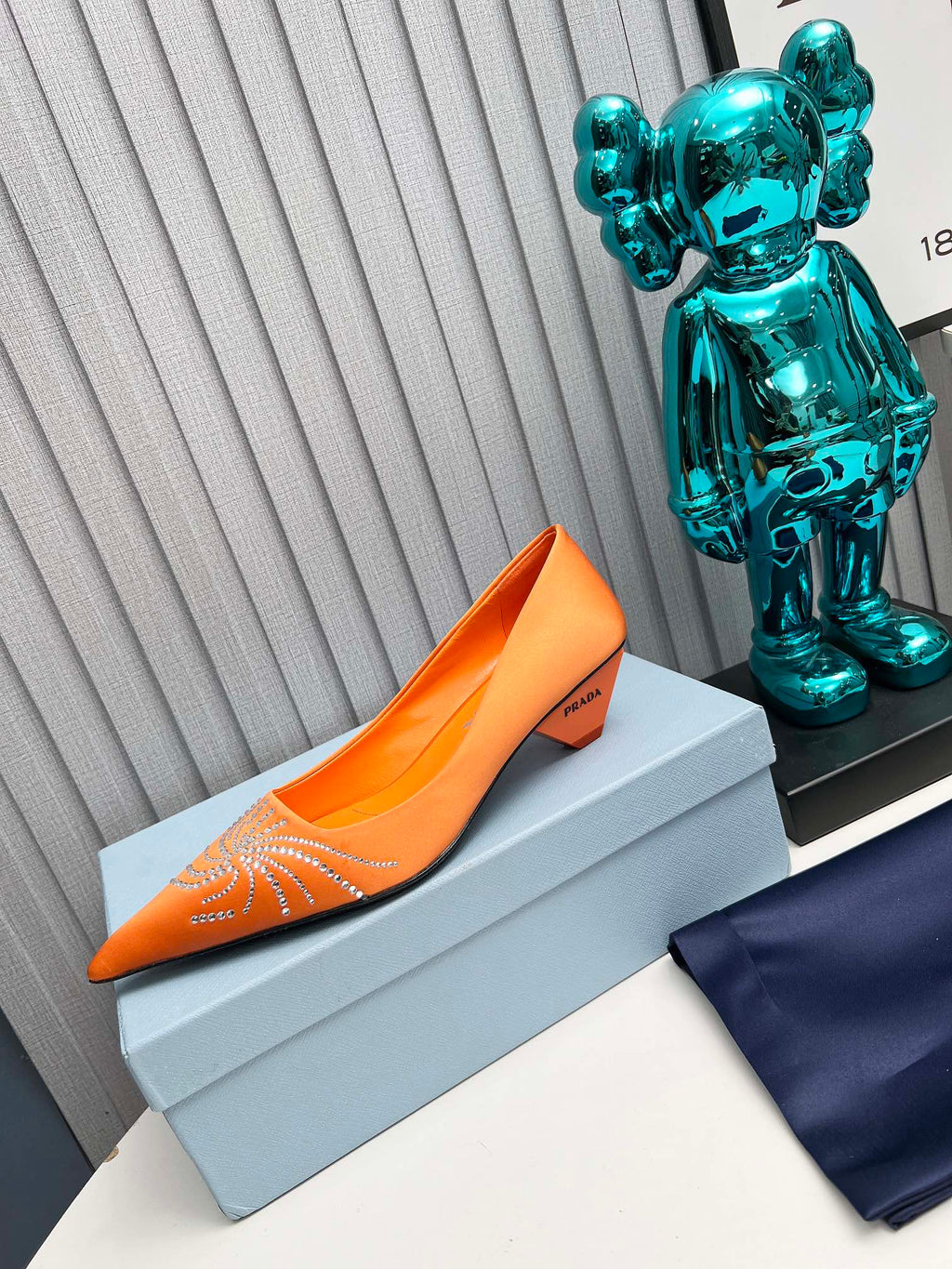 PRADA 26S POINTED TOE PUMPS 40MM IN ORANGE SATIN CRYSTAL EMBELLISHED
