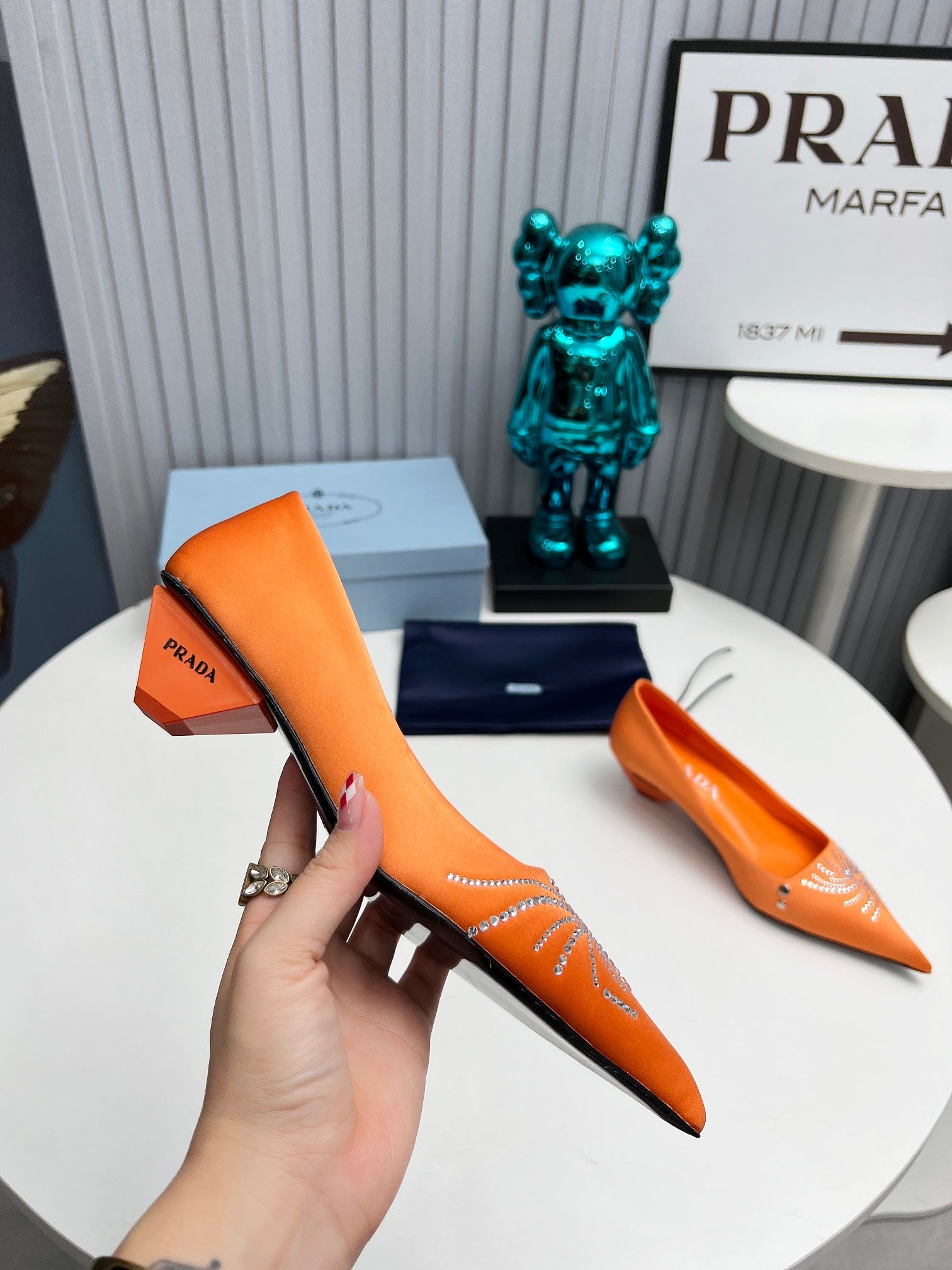 PRADA 26S POINTED TOE PUMPS 40MM IN ORANGE SATIN CRYSTAL EMBELLISHED