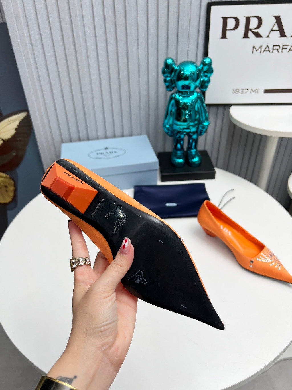 PRADA 26S POINTED TOE PUMPS 40MM IN ORANGE SATIN CRYSTAL EMBELLISHED