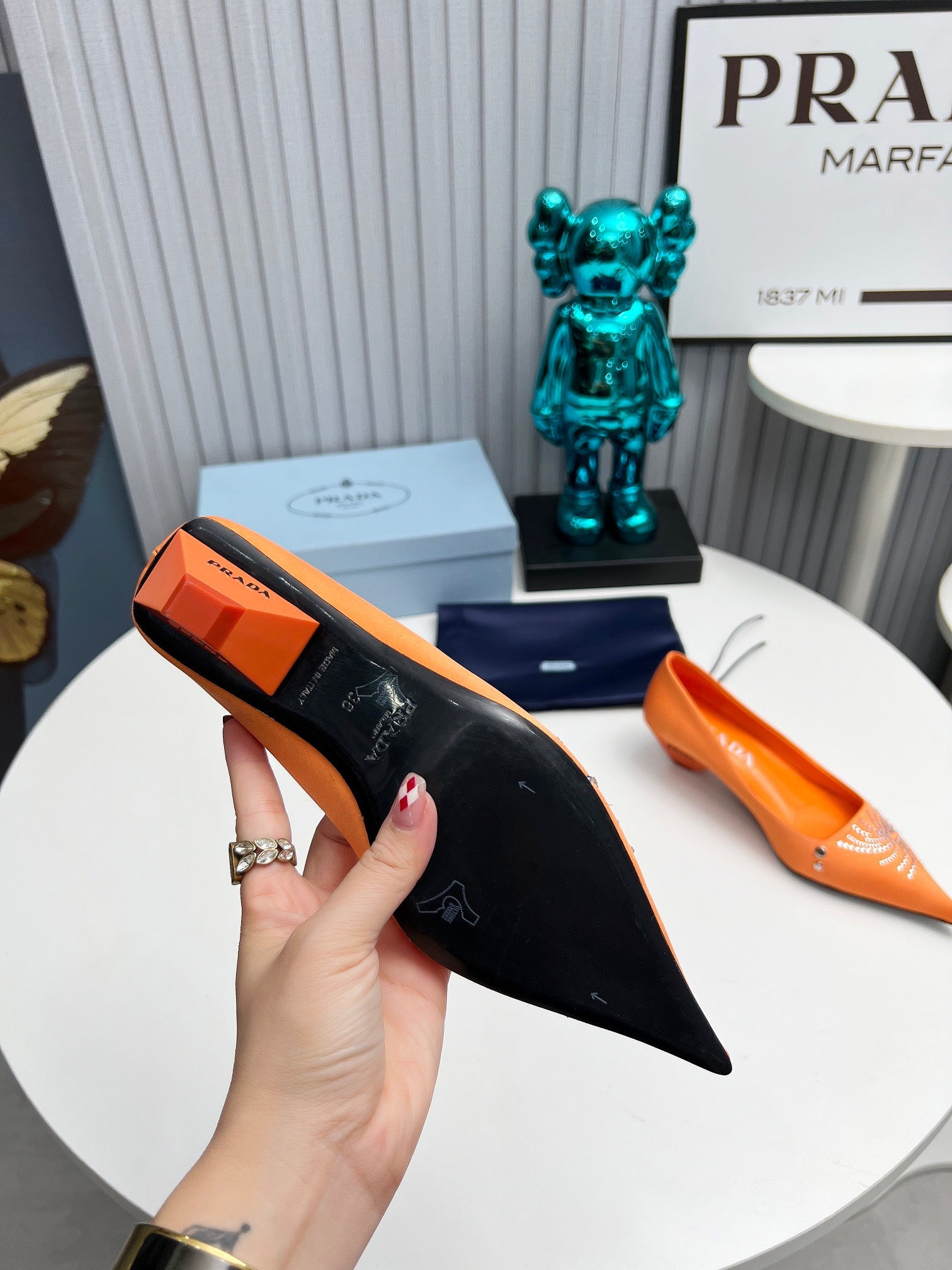 PRADA 26S POINTED TOE PUMPS 40MM IN ORANGE SATIN CRYSTAL EMBELLISHED