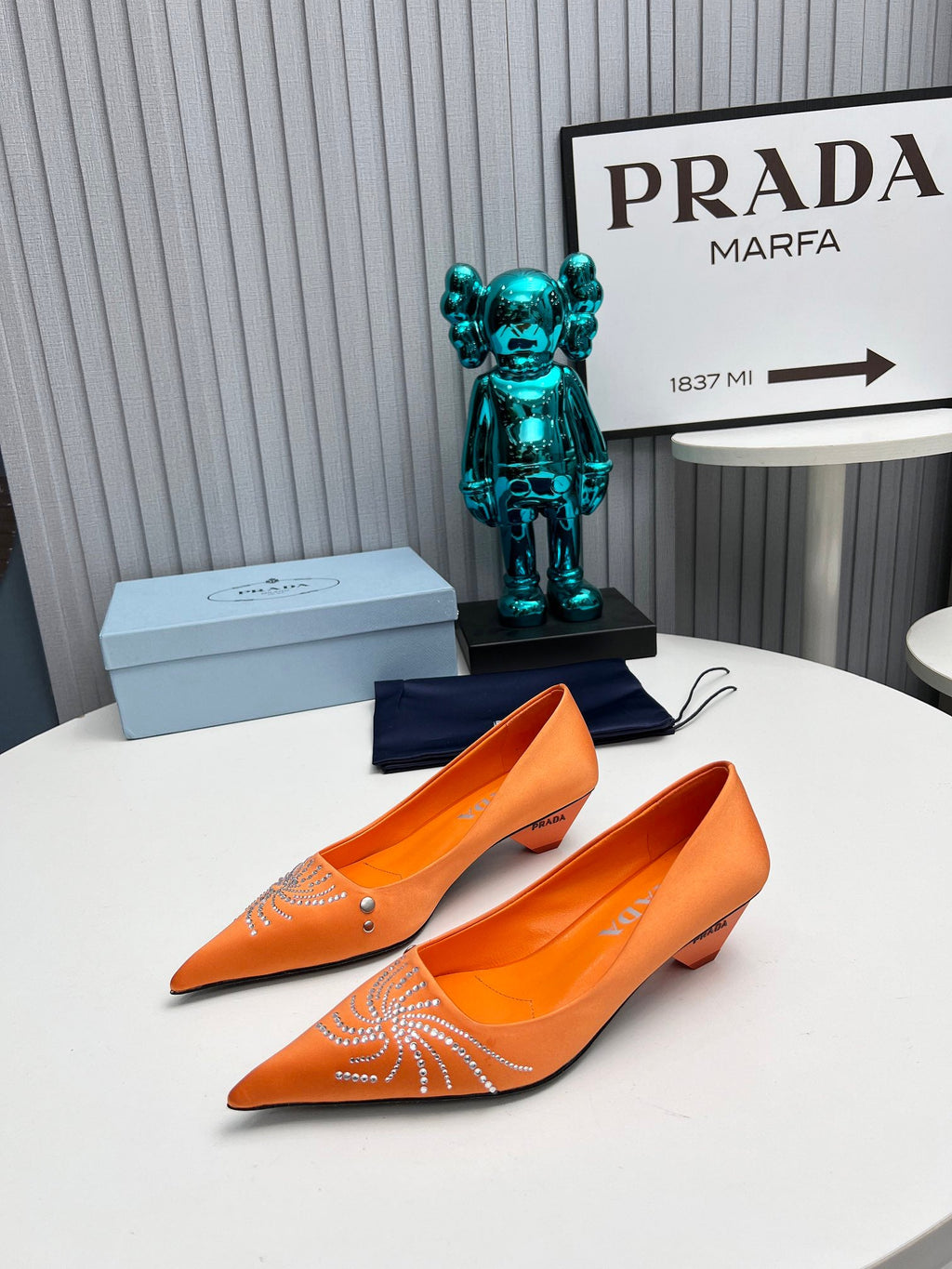 PRADA 26S POINTED TOE PUMPS 40MM IN ORANGE SATIN CRYSTAL EMBELLISHED