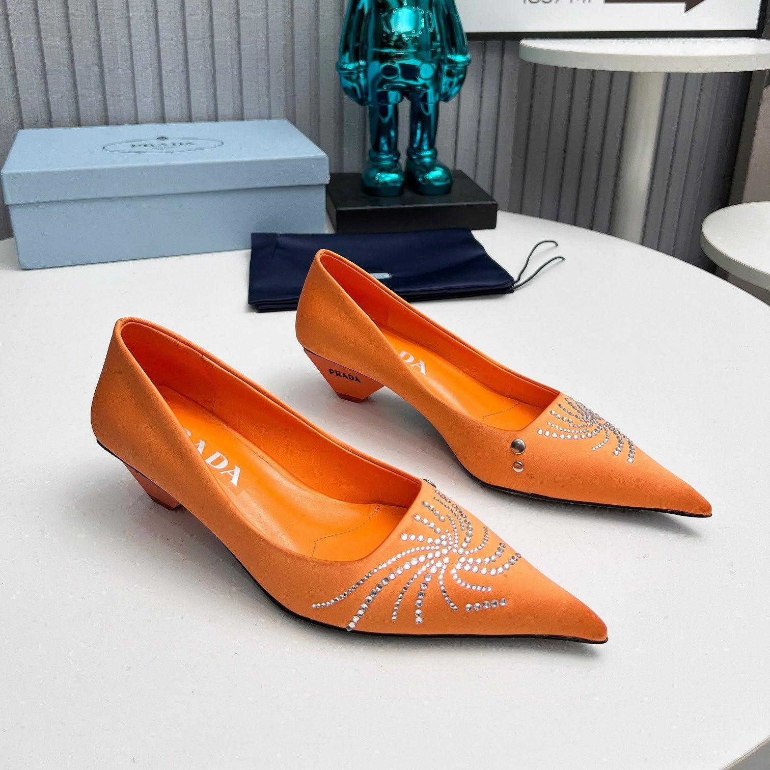 PRADA 26S POINTED TOE PUMPS 40MM IN ORANGE SATIN CRYSTAL EMBELLISHED
