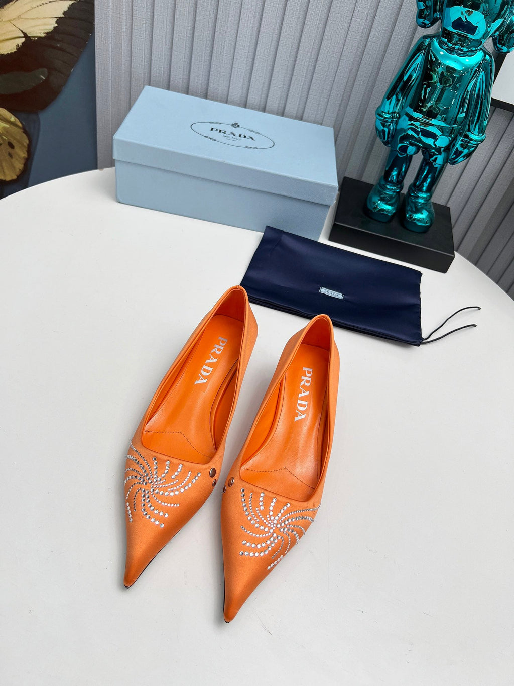 PRADA 26S POINTED TOE PUMPS 40MM IN ORANGE SATIN CRYSTAL EMBELLISHED